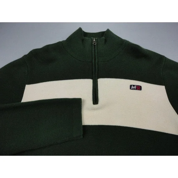 Abercrombie and Fitch Sweater Mens XL Green White Half Zip Pullover A/F 92 Logo - Picture 2 of 9